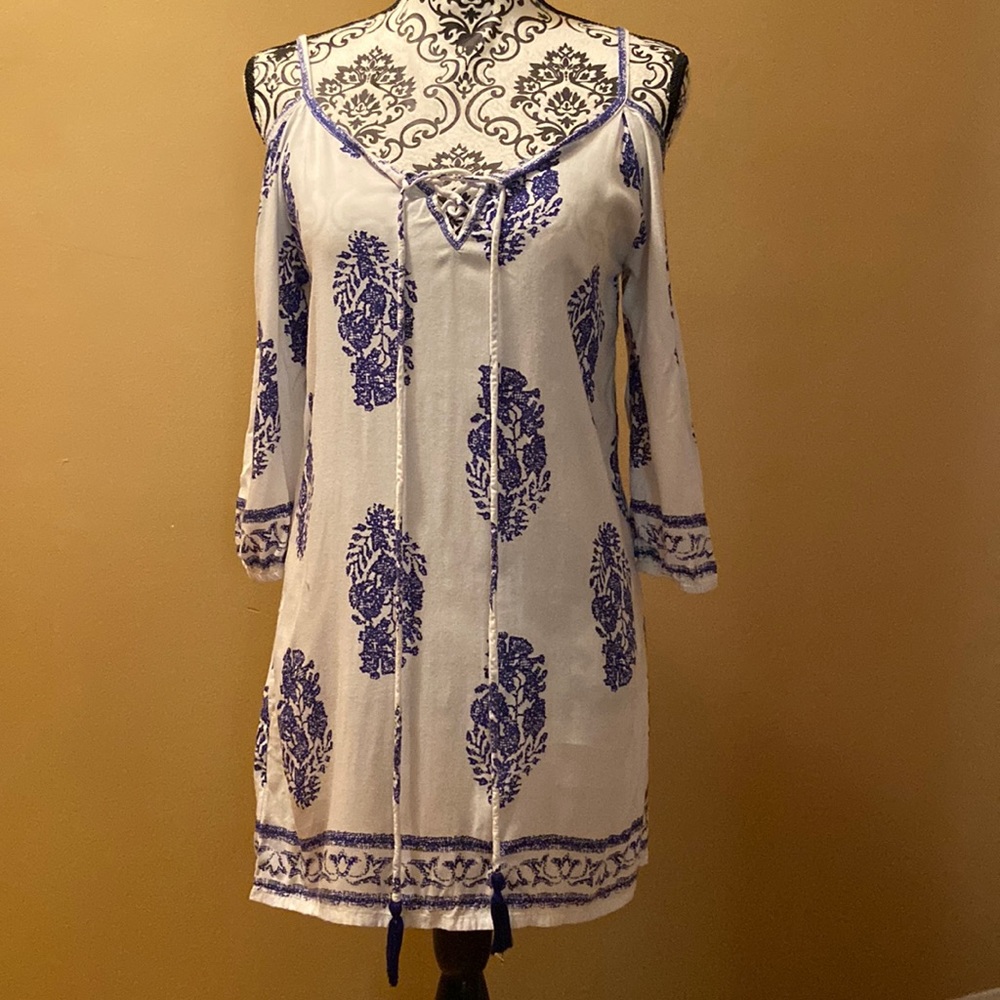 Blue and white floral print dress